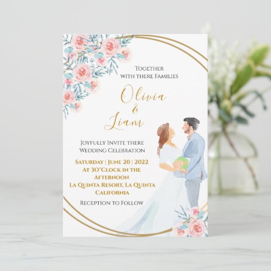 赤面ピンクウォーターカラーカップルとバラ結婚ズ 招待状 (スタンド正面)