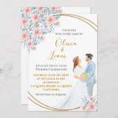 赤面ピンクウォーターカラーカップルとバラ結婚ズ 招待状 (正面/裏面)