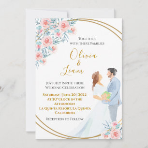 赤面ピンクウォーターカラーカップルとバラ結婚ズ 招待状
