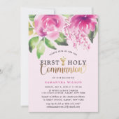 赤面ピンクウォーターカラーガールファーストホーリーコミュニオン 招待状 (正面)