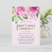 赤面ピンクウォーターカラーガールファーストホーリーコミュニオン 招待状 (スタンド正面)