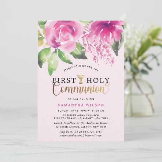 赤面ピンクウォーターカラーガールファーストホーリーコミュニオン 招待状 (スタンド正面)