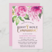 赤面ピンクウォーターカラーガールファーストホーリーコミュニオン 招待状 (正面/裏面)