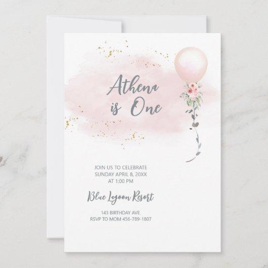 赤面ピンクウォーターカラーガール誕生日招待状 招待状 (正面)