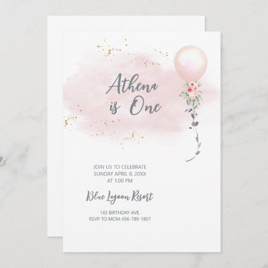 赤面ピンクウォーターカラーガール誕生日招待状 招待状 (正面/裏面)