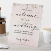 赤面ピンクウォーターカラーグリーナリーウェルカム結婚ズ 台座サイン (インサイチュ)