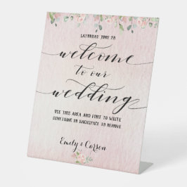 赤面ピンクウォーターカラーグリーナリーウェルカム結婚ズ 台座サイン