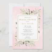 赤面ピンクウォーターカラーグリーンブライダルシャワー 招待状 (正面)