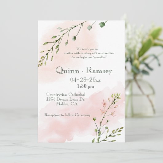 赤面ピンクウォーターカラースクリプト結婚式招待状 招待状 (スタンド正面)