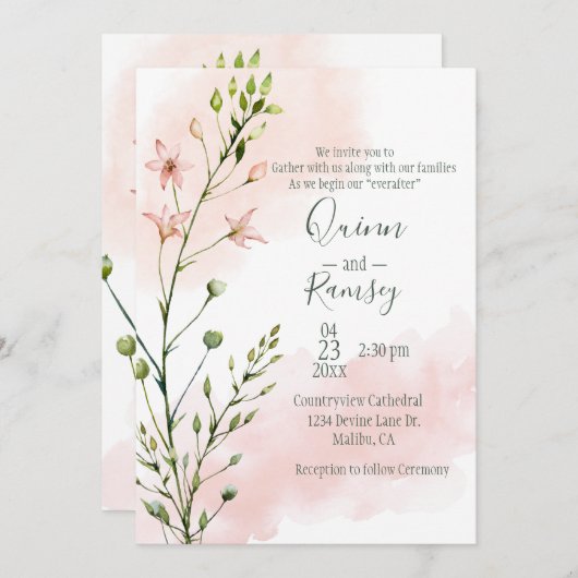 赤面ピンクウォーターカラースクリプト結婚式招待状 招待状 (正面/裏面)