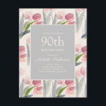 赤面ピンクウォーターカラーチューリップクリームホワイト90th ポストカード<br><div class="desc">美しい赤面ピンクの水色の花/チューリップとクリーミーな白い背景のセージの緑の葉を持つ女性のための90thバースデーパーティーのハガキエレガントの招待。</div>