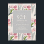 赤面ピンクウォーターカラーチューリップクリームホワイト90th ポストカード<br><div class="desc">美しい赤面ピンクの水色の花/チューリップとクリーミーな白い背景のセージの緑の葉を持つ女性のための90thバースデーパーティーのハガキエレガントの招待。</div>