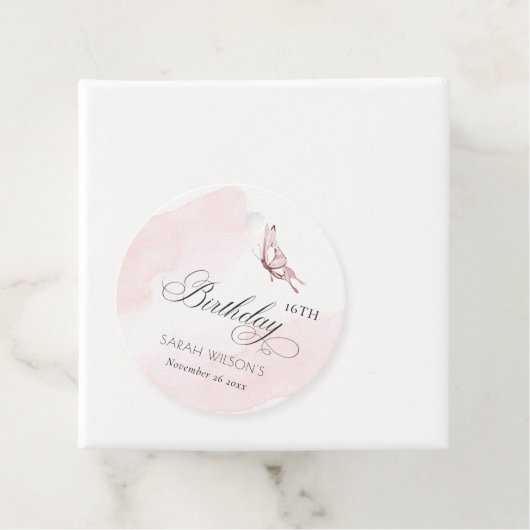 赤面ピンクウォーターカラーバタフライエイジ誕生日 フェイバータグ (インサイチュ)