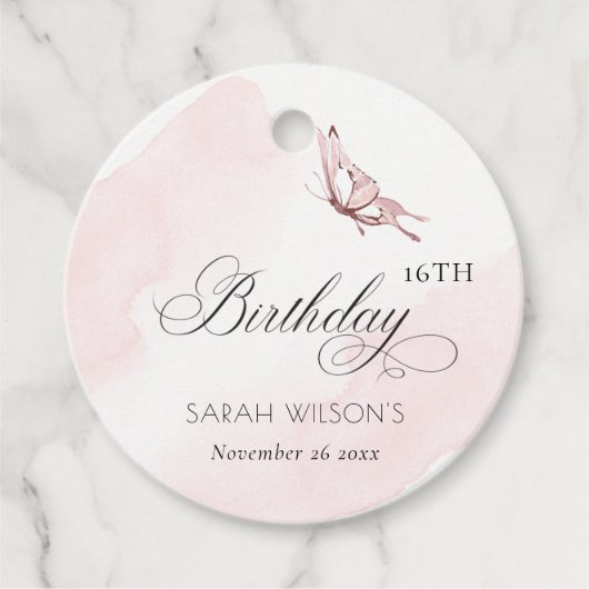 赤面ピンクウォーターカラーバタフライエイジ誕生日 フェイバータグ (正面)