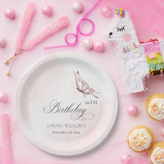 赤面ピンクウォーターカラーバタフライエイジ誕生日 ペーパープレート (パーティー)