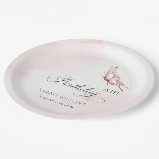 赤面ピンクウォーターカラーバタフライエイジ誕生日 ペーパープレート (アングル)