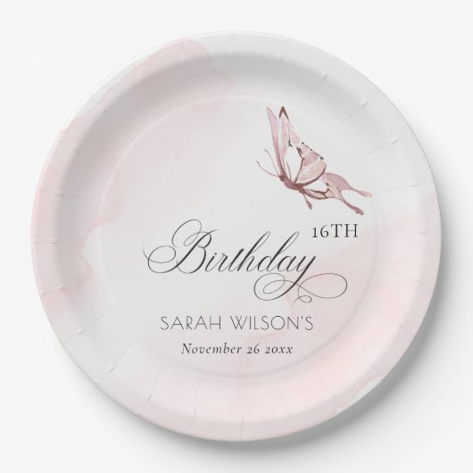 赤面ピンクウォーターカラーバタフライエイジ誕生日 ペーパープレート (正面)