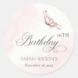 赤面ピンクウォーターカラーバタフライエイジ誕生日 ラウンドシール