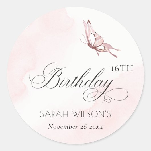 赤面ピンクウォーターカラーバタフライエイジ誕生日 ラウンドシール (正面)