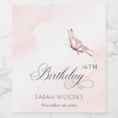 赤面ピンクウォーターカラーバタフライエイジ誕生日 ワインラベル (シングルラベル)