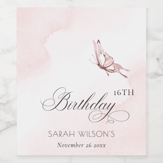 赤面ピンクウォーターカラーバタフライエイジ誕生日 ワインラベル (シングルラベル)