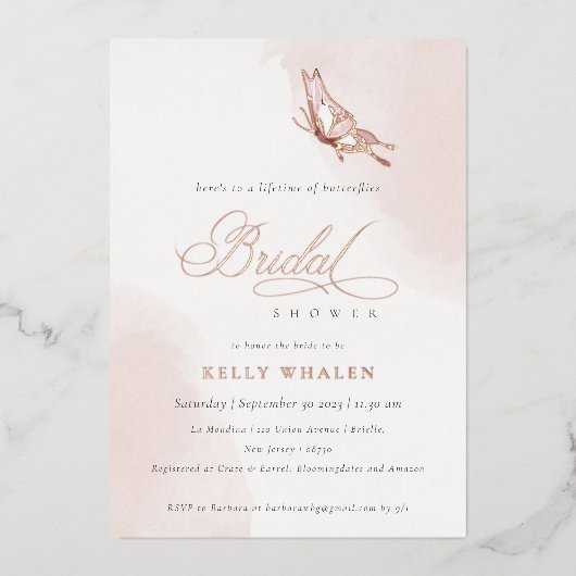 赤面ピンクウォーターカラーバタフライブライダルシャワー 箔招待状 (正面)