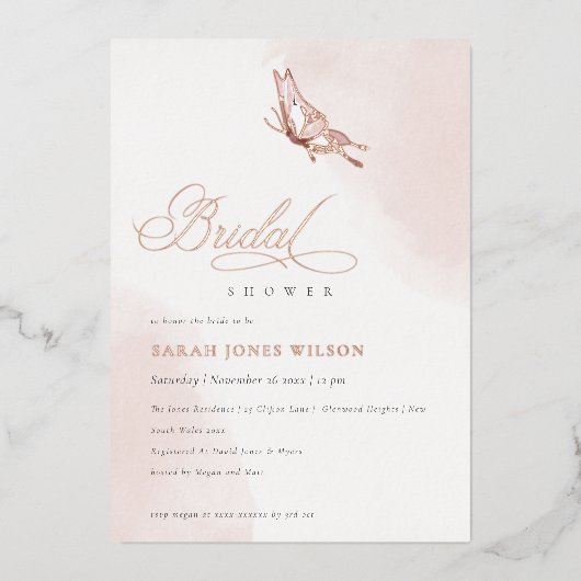 赤面ピンクウォーターカラーバタフライブライダルシャワー 箔招待状 (正面)