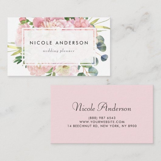 赤面ピンクウォーターカラーバラとアジサイ 名刺 (正面/裏面)