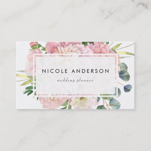 赤面ピンクウォーターカラーバラとアジサイ 名刺 (正面)