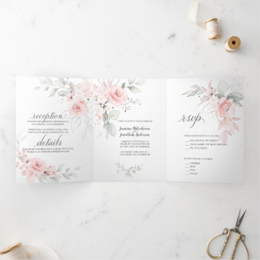 赤面ピンクウォーターカラーバラセージグ葉リーン 三つ折り招待状 (内部)