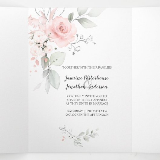 赤面ピンクウォーターカラーバラセージグ葉リーン 三つ折り招待状 (内部中)