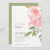 赤面ピンクウォーターカラーバラフローラ婚約招待状 サンキューカード (正面/裏面)