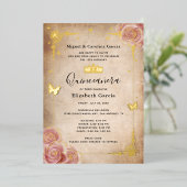 赤面ピンクウォーターカラーバラ金ゴールドキンセアニラ 箔招待状 (立ち正面)
