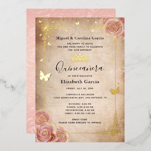 赤面ピンクウォーターカラーバラ金ゴールドキンセアニラ 箔招待状 (正面/裏面)