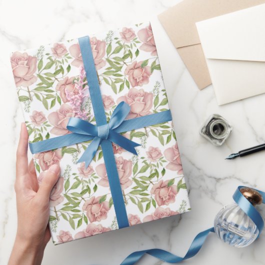 赤面ピンクウォーターカラーバラ ラッピングペーパー (ギフト)