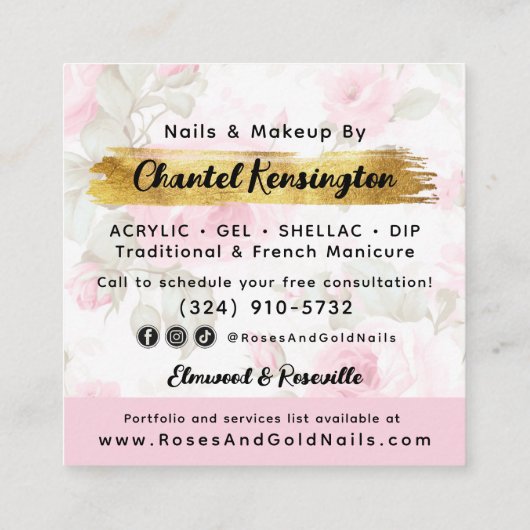 赤面ピンクウォーターカラーバラ&金ゴールドシャビーシック スクエア名刺 (裏面)