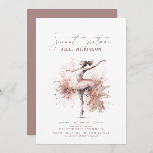 赤面ピンクウォーターカラーバレリーナスウィート16誕生日 招待状 (正面/裏面)