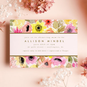 赤面ピンクウォーターカラーフラワーガーデンベビーシャワー 招待状