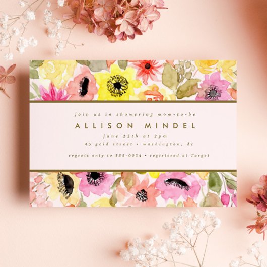 赤面ピンクウォーターカラーフラワーガーデンベビーシャワー 招待状