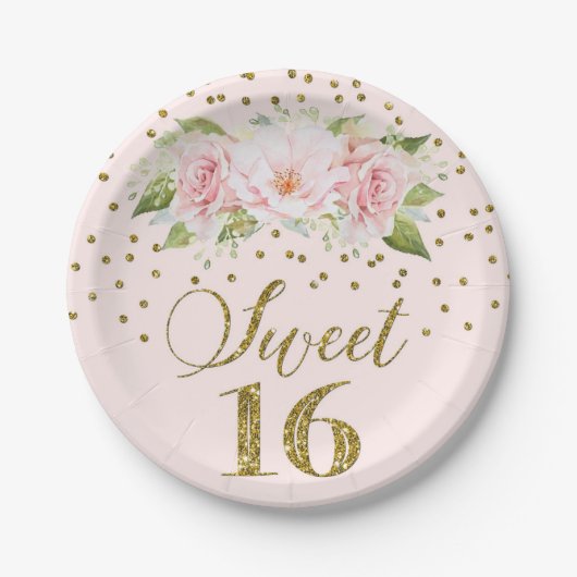 赤面ピンクウォーターカラーフラワーズスイート16誕生日 ペーパープレート (正面)