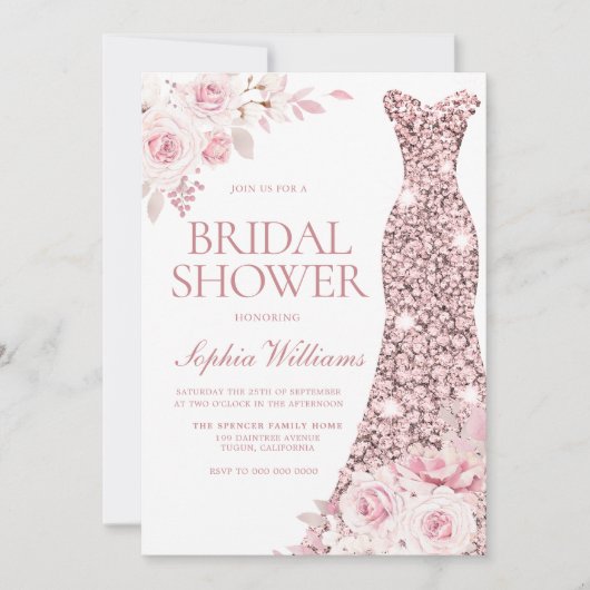 赤面ピンクウォーターカラーフラワーズドレスブライダルシャワー 招待状 (正面)