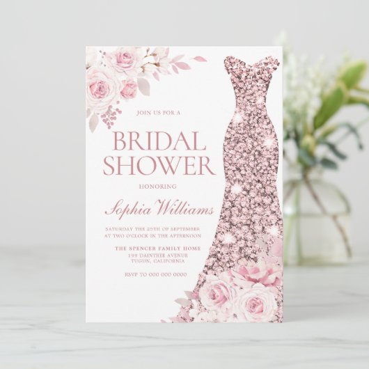 赤面ピンクウォーターカラーフラワーズドレスブライダルシャワー 招待状 (スタンド正面)