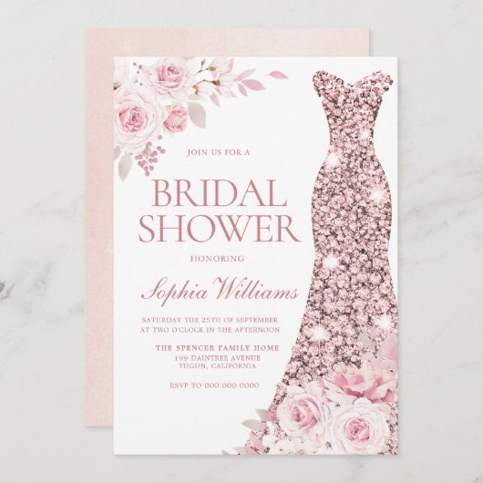 赤面ピンクウォーターカラーフラワーズドレスブライダルシャワー 招待状 (正面/裏面)