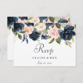 赤面ピンクウォーターカラーフラワーズネイビー結婚ズ 出欠カード (正面/裏面)