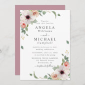 赤面ピンクウォーターカラーフラワーズボタニッ結婚クス 招待状 (正面/裏面)