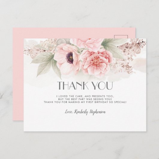 赤面ピンクウォーターカラーフラワーズ誕生日ありがとう ポストカード (正面/裏面)