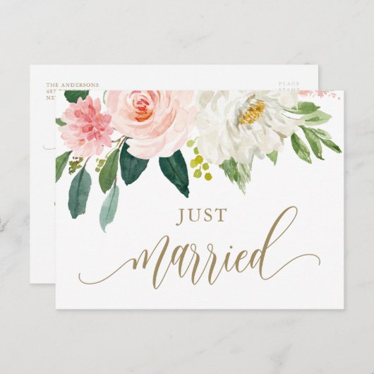 赤面ピンクウォーターカラーフラワーズ金ゴールドたった今結婚しました ポストカード (正面/裏面)