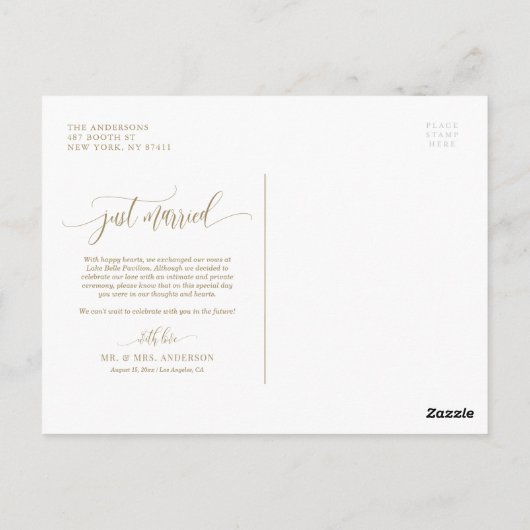 赤面ピンクウォーターカラーフラワーズ金ゴールドたった今結婚しました ポストカード (裏面)