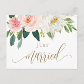 赤面ピンクウォーターカラーフラワーズ金ゴールドたった今結婚しました ポストカード (正面)