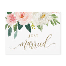 赤面ピンクウォーターカラーフラワーズ金ゴールドたった今結婚しました